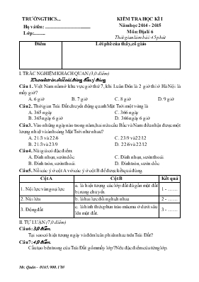 Kiểm tra học kì i năm học 2014 - 2015 môn địa lí 6 thời gian làm bài 45 phút